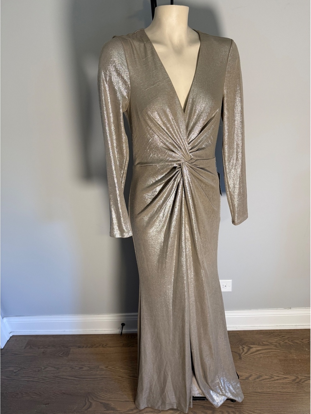 Eliza J Elegant Metallic Long Sleeve Evening Gown with Front Twist Detail